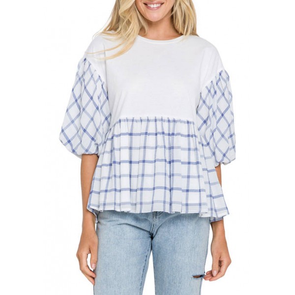 ENGLISH FACTORY Women's Knit and Check Woven Combo Top