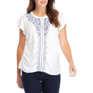 Kim Rogers® Women's Embroidered Front Short Flutter Sleeve Top 