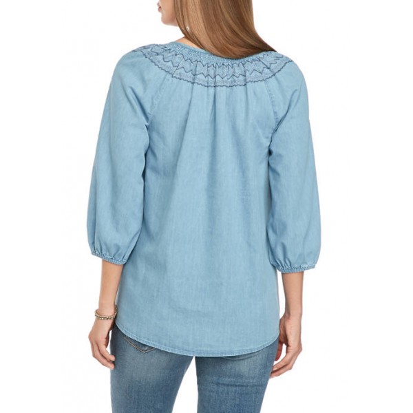 New Directions® Women's Embroidered Smocked Peasant Top