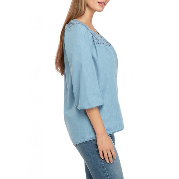 New Directions® Women's Embroidered Smocked Peasant Top
