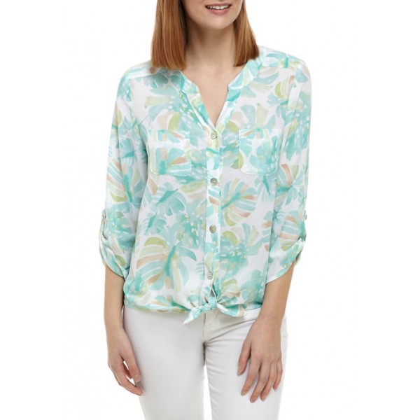 Ruby Rd Women's Palm Print Tie Front Woven Top