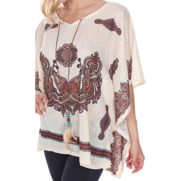 White Mark Printed Poncho with Split Neckline and Tassel Ties