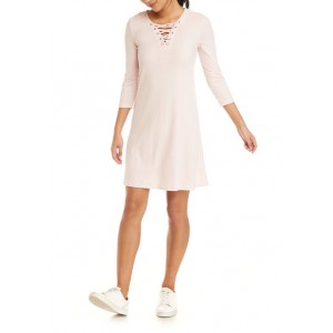 Pink Rose Junior's Luxe Rib 3/4 Sleeve Lace Up Neck Dress 