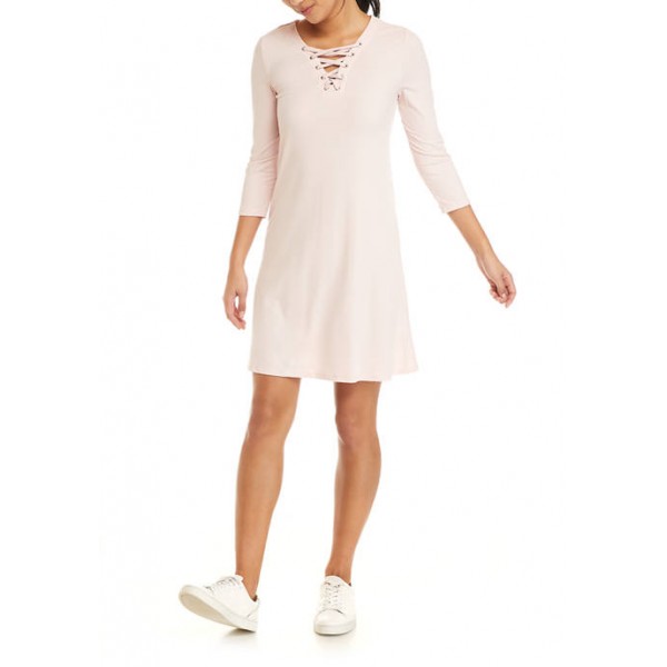 Pink Rose Junior's Luxe Rib 3/4 Sleeve Lace Up Neck Dress
