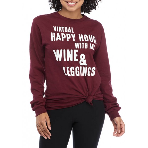 Cold Crush Junior's Long Sleeve Virtual Happy Hour Tie Front Graphic T-Shirt