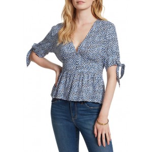 Jessica Simpson Elbow Tie Sleeve V-Neck Printed Woven Blouse