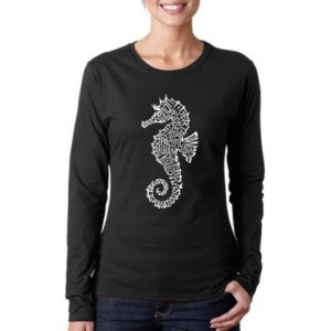 LA Pop Art Women's Word Art Long Sleeve T-Shirt - Types of Seahorses