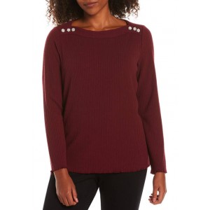 Rafaella Women's Boat Neck Top with Jewel Buttons 
