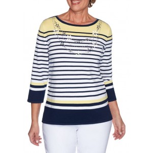 Alfred Dunner Women's Lazy Daisy Engineered Stripe Sweater with Necklace 