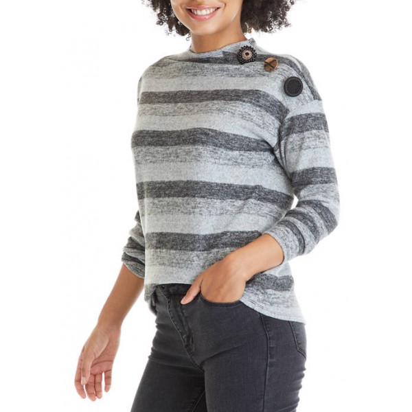 Cupio Women's Drop Shoulder Mock Neck Striped Sweater