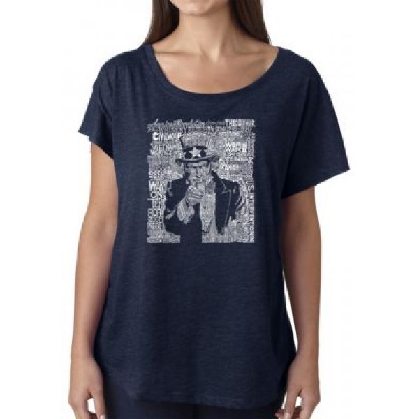 LA Pop Art Loose Fit Dolman Cut Word Art T-Shirt - Uncle Sam